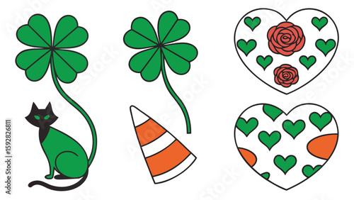 Green shamrocks black cat orange candy corn hearts clover lucky