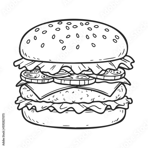 Hand-drawn black and white hamburger with lettuce, cheese, and tomato layers