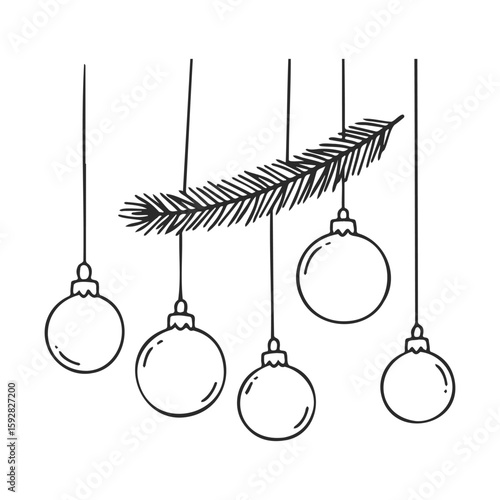 Hand-drawn festive christmas ornaments with fir branch on white background