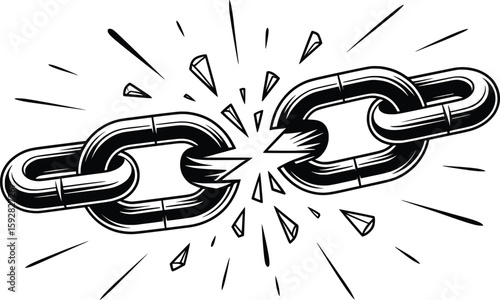 Broken Chain Vector, Shattered Link Illustration Symbolizing Freedom and Strength.

