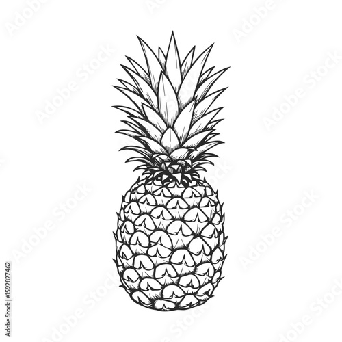 Intricate black-and-white pineapple drawing with detailed texture and linework