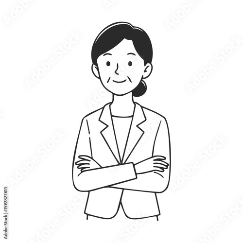 Confident asian mature female illustration with crossed arms in business attire