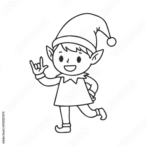 Smiling cartoon elf child in holiday hat making hand gesture