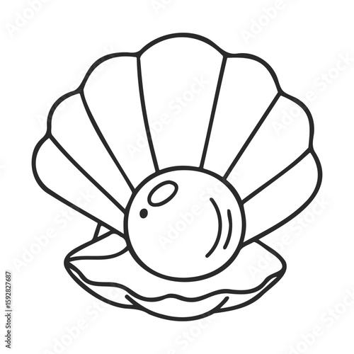 Black and white line art of open clamshell with pearl inside