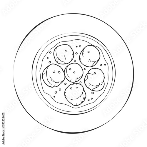 Top view of dumplings in broth on plate - black and white line art illustration