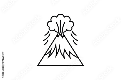 Simple Line Art Illustration of an Erupting Volcano with Smoke and Lava Flowing Downward