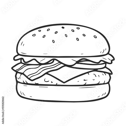 Black and white illustration of classic bacon cheeseburger