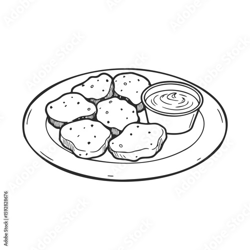 Hand-drawn chicken nuggets with dipping sauce on plate in black and white