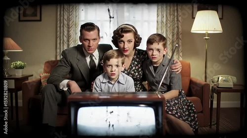 1950s family watching TV, vintage home, dust motes