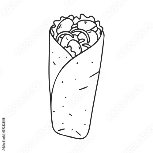 Hand-drawn burrito sketch with chicken and veggies in tortilla wrap