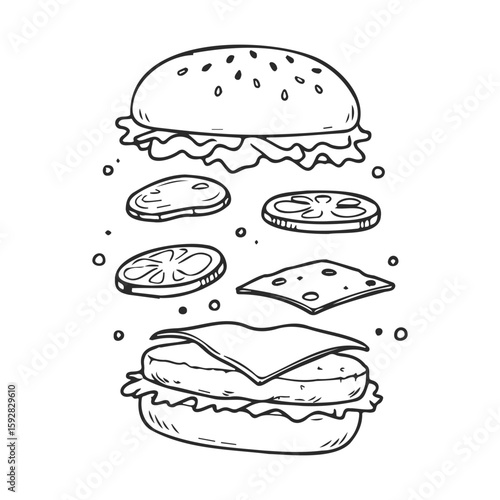 Hand-drawn exploded burger with ingredients floating in mid-air