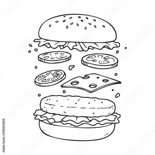 Black and white sketch of burger with ingredients exploded view
