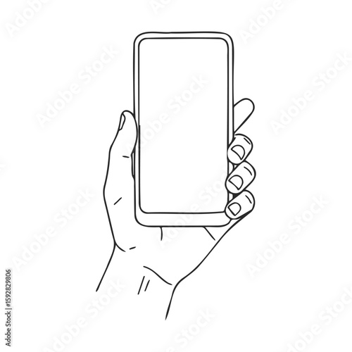 Line drawing of hand holding smartphone with blank screen