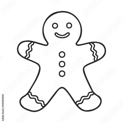 Black and white gingerbread man outline illustration with smiling face and button details