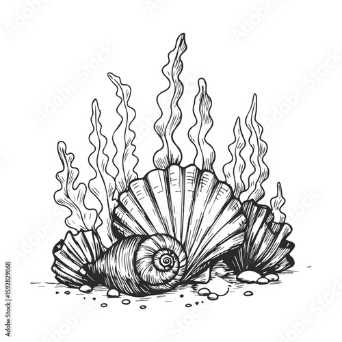 Detailed black and white shell and seaweed sketch featuring nautical elements