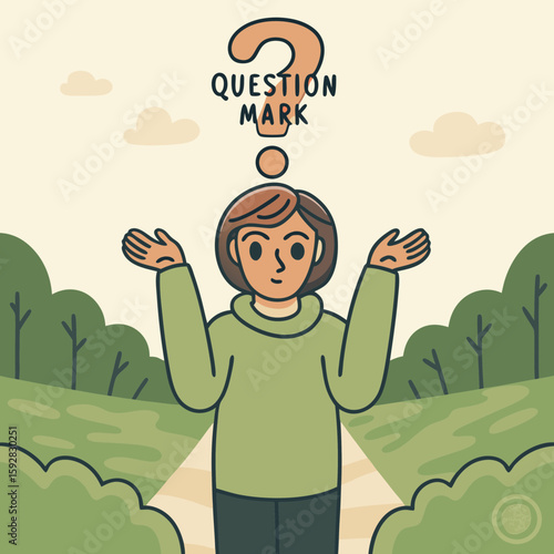 Young woman with question mark above her head in nature  