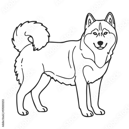 Outline of a smiling husky dog facing forward with fluffy tail