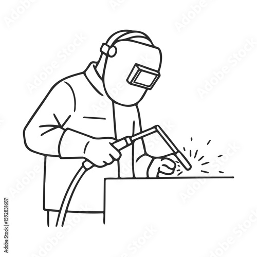 Line art of welder working with protective gear and welding torch