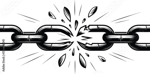 Broken Chain Vector, Shattered Link Illustration Symbolizing Freedom and Strength.

