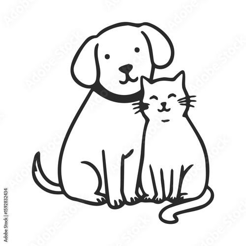 Black and white illustration of a cute dog and cat sitting together happily