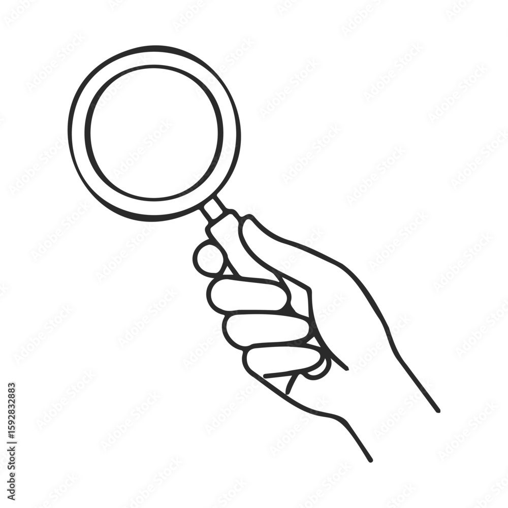 Hand holding magnifying glass line drawing on white background Hand holding magnifying glass line drawing on white background