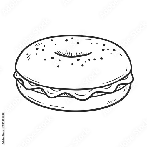 Hand-drawn bagel illustration with sesame seeds on white background