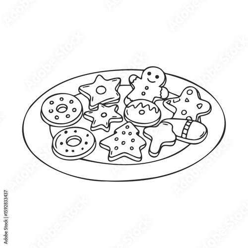 Plate of assorted decorative cookies with stars and gingerbread illustration