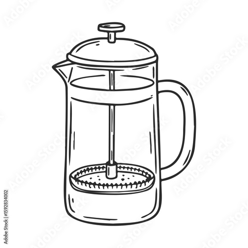 Hand-drawn french press coffee maker illustration in black and white