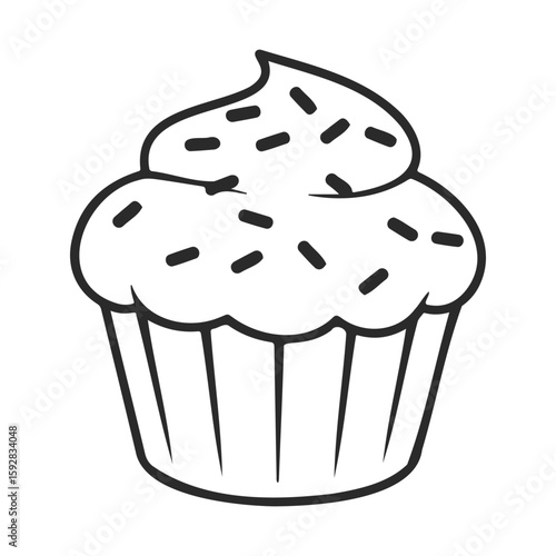 Simple outline of a cupcake with sprinkles on white background