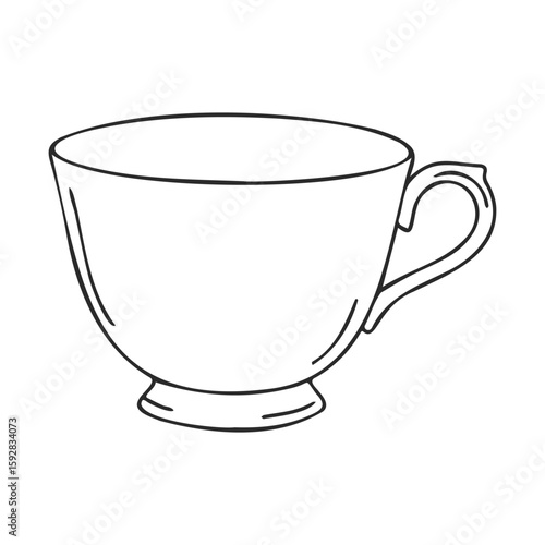 Simple outline of empty tea cup with handle on white background