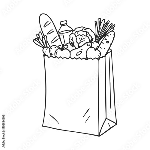 Line drawing of grocery bag filled with fresh vegetables, bread, and bottled drink