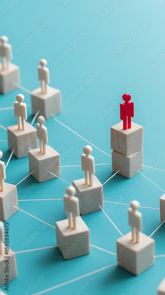 Obraz premium Red figure stands out among white figures connected by lines leadership connection