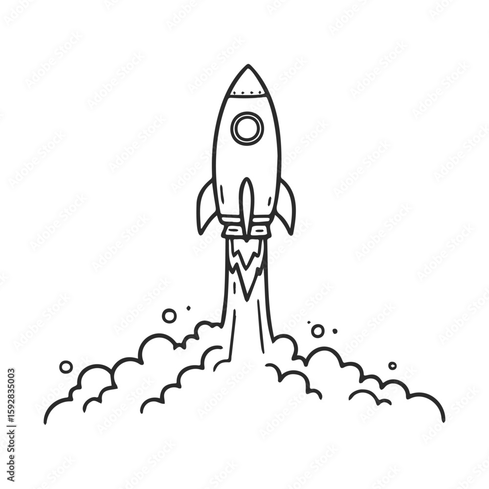 Fototapeta premium Line art rocket launch with smoke and flames in monochrome style
