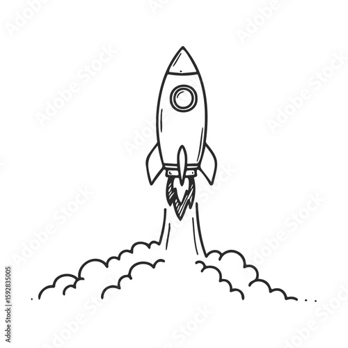 Hand-drawn rocket launching with smoke clouds in simple black line art