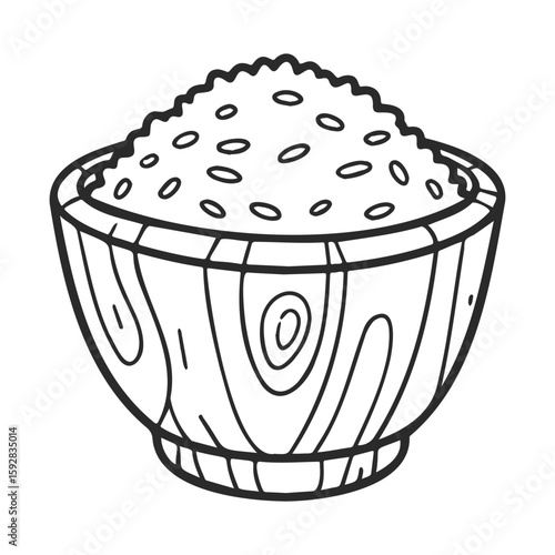 Bowl of rice in wooden container line art