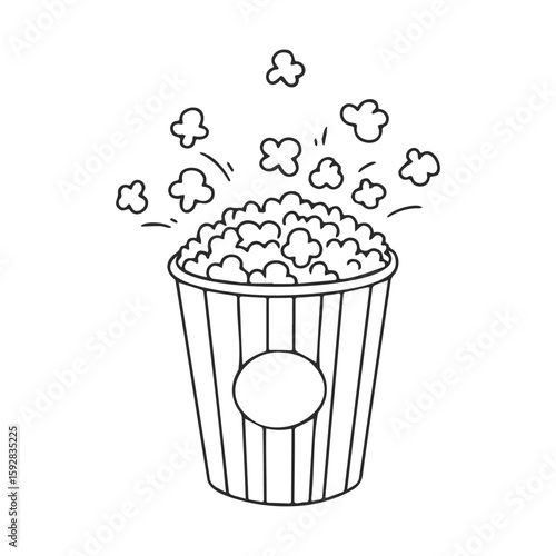 Outlined popcorn bucket with popping kernels on white background