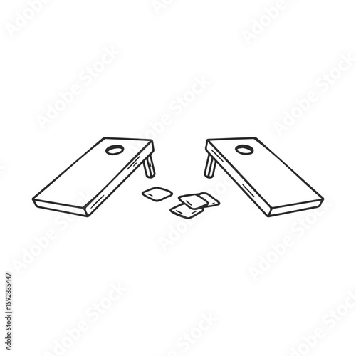 Cornhole game boards and toss bags illustration in black and white