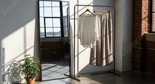 Minimalist interior design with clothing rack mirror and natural light. Featuring neutral tones, brick wall, and plant.