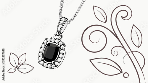 Elegant black stone pendant necklace jewelry fashion accessory with floral design background art drawing