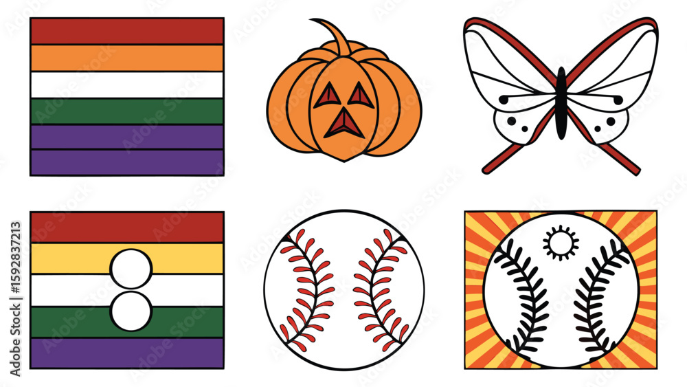 Obraz premium Rainbow stripes pumpkin butterfly baseballs orange pumpkin white butterfly
