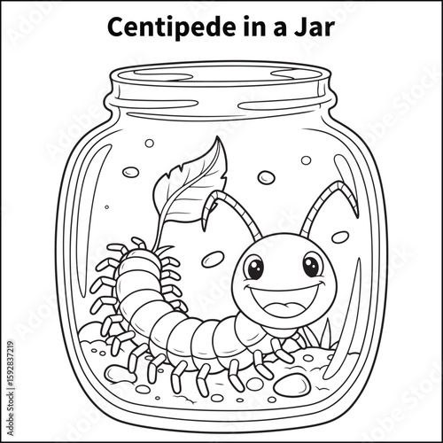 A friendly cartoon centipede crawling across the bottom of a jar, with lots of short legs and a big smiling face. Add small stones, dirt texture, and a curled leaf.