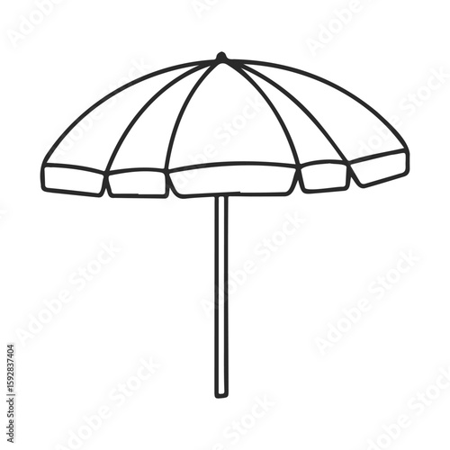 Black and white beach umbrella outline illustration on white background