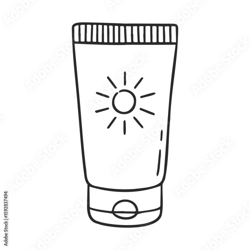 Black and white sunscreen tube sketch with sun icon on label