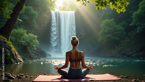 Fototapeta Naklejka Na Ścianę i Meble -  Woman Meditating by Waterfall