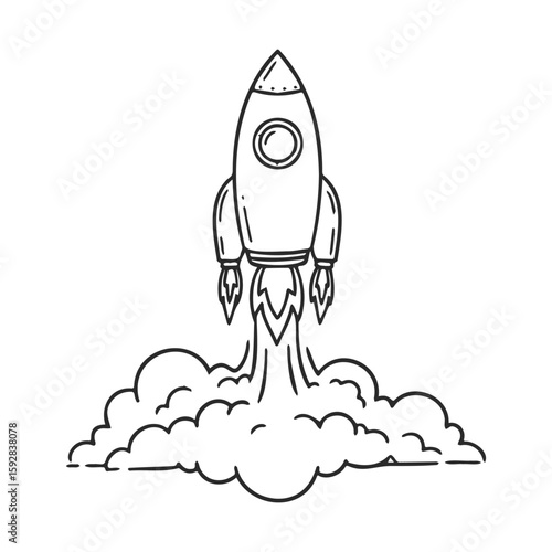 Hand-drawn rocket launching with smoke trails in black and white sketch style