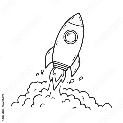 Minimalist rocket doodle launching into space with smoke trail