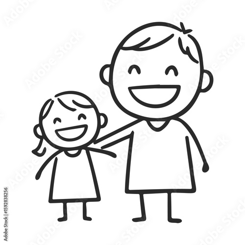 Happy child and adult stick figures smiling together in black and white