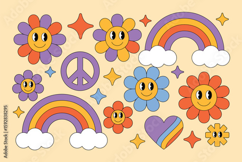 Groovy Retro Flowers and Rainbows with Smiley Faces, Peace Signs, and 70s Vintage Hippie Botanical Elements in Psychedelic Colors and Nostalgic Cloud Arches

