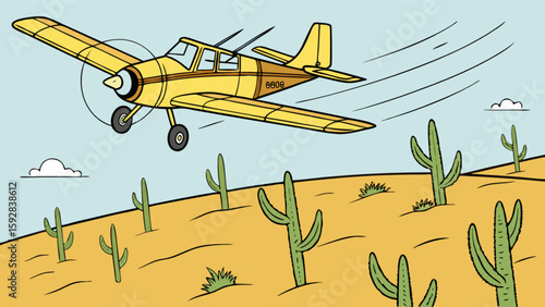 Yellow crop duster airplane flying over desert landscape illustration with cacti and clear blue sky scene 8808