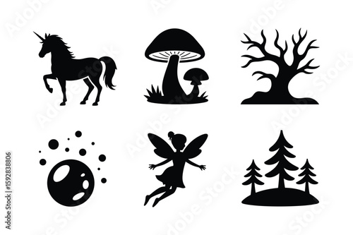 Unicorn mushrooms bare tree moon fairy and pine trees horse horn